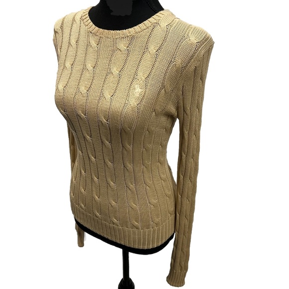 RALPH LAUREN Cable Knit Pullover Sweater Tan Pima Cotton Fitted Top Like New! - Picture 6 of 12